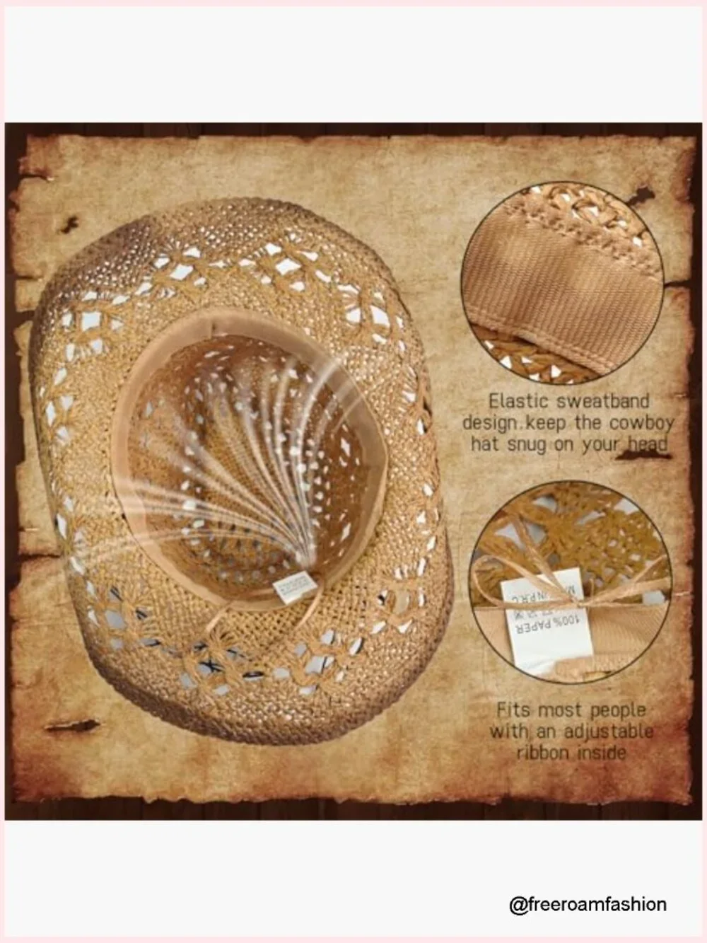 Woven Straw Cowboy Hat with Flexible Wire Brim for Summer Beach Festivals